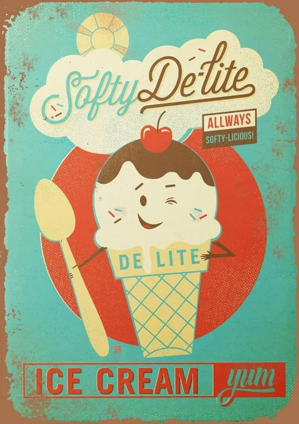 

Cherry Chocolate Spoon Ice Cream Old Fashion Aluminum Metal Sign Vintage Look Metal Plate Poster Plaque for Home Kitchen Bedroo