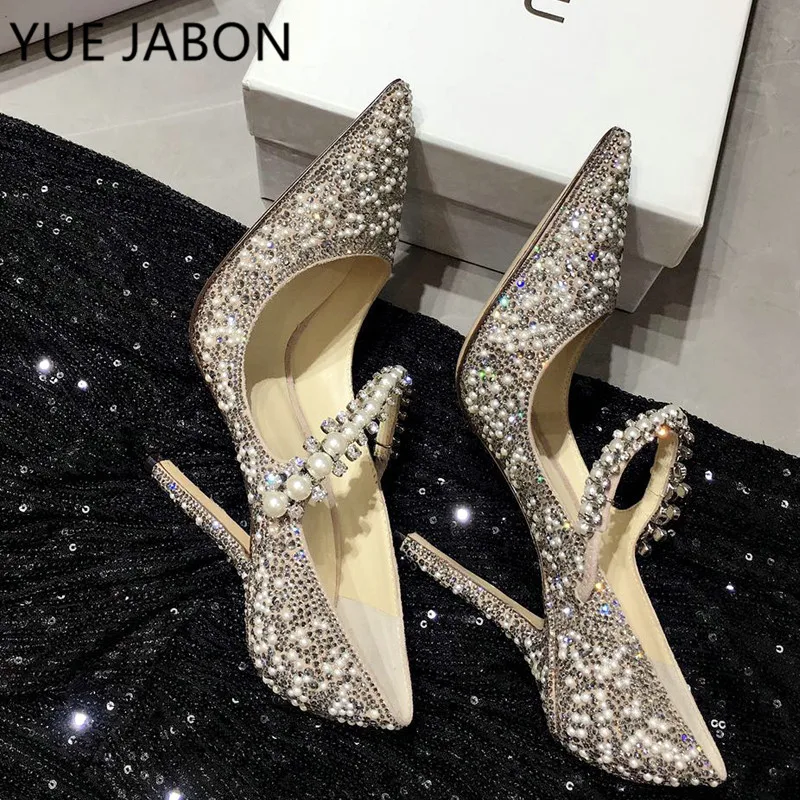 Sıcak gümüş Rhinestone sivri yüksek topuklu 2022 yeni tek ayakkabı kadın ayakkabısı Rhinestone kristal ipe dizili inci boncuk düğün ayakkabı