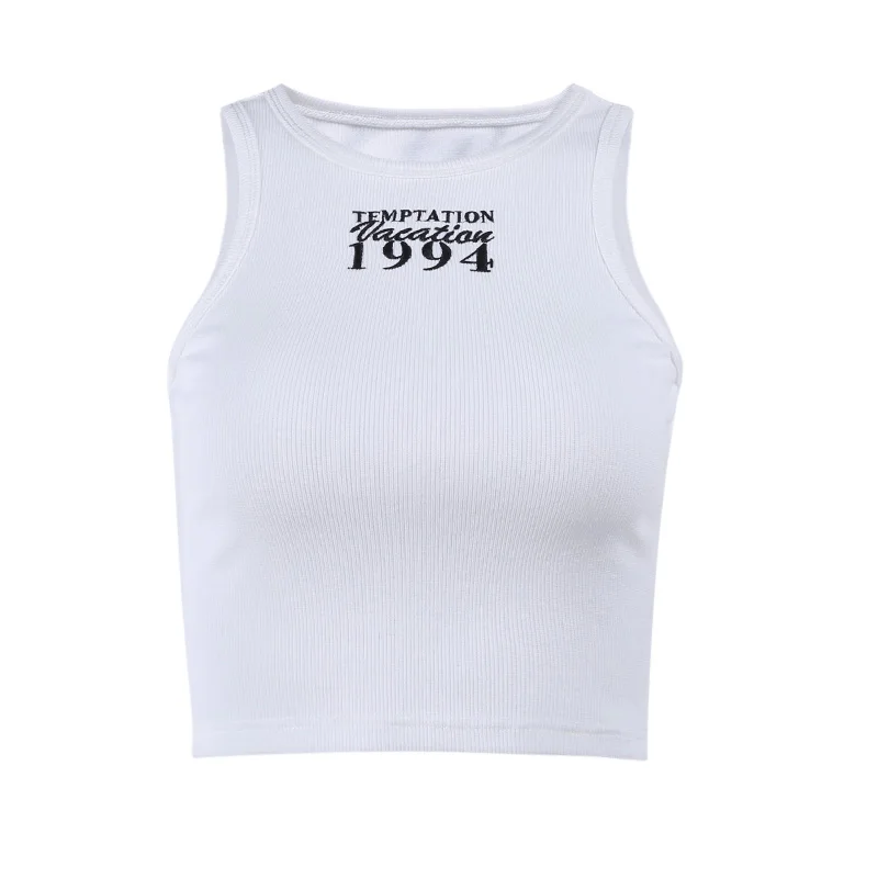 

InstaHot Casual Women Crop Top Summer 2021 Sleevless Embroidery Letter Basic White Casual Streetwear Kintted Slim Tank Tops Vest