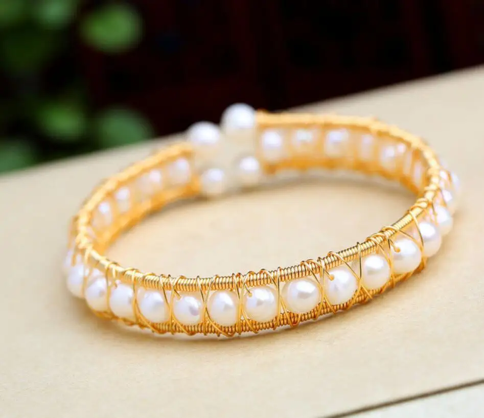 

Natural White Freshwater Pearl Texture Handmade Vintage 14k Gold Wrap Bracelet