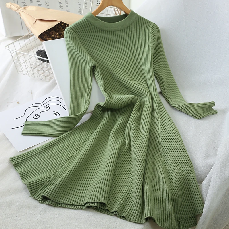 Женское трикотажное платье зима осень с длинным рукавом и круглым вырезом