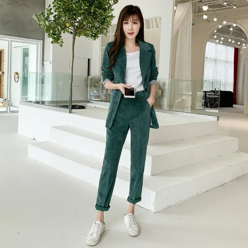 Autumn and Winter Women's Suit Trousers Two-piece Sets 2022 New Elegant Slim-fit Corduroy Casual Suit High-waisted Radish Pants