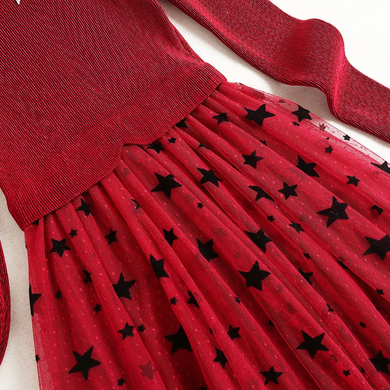 

Elegant Women Designers Spring Dress Long Sleeve Clothes Mesh Patchwork Mid Calf Aline Red Party Robe Femme Sexy Wedding Vestido