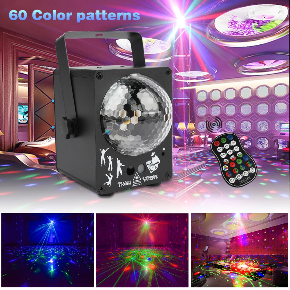 Светодиодный светильник для дискотеки, активированный музыкой, 60 узоров, RGB, Рождественский лазерный проектор, сценический светильник, вечерние, для дома, свадьбы, украшенный