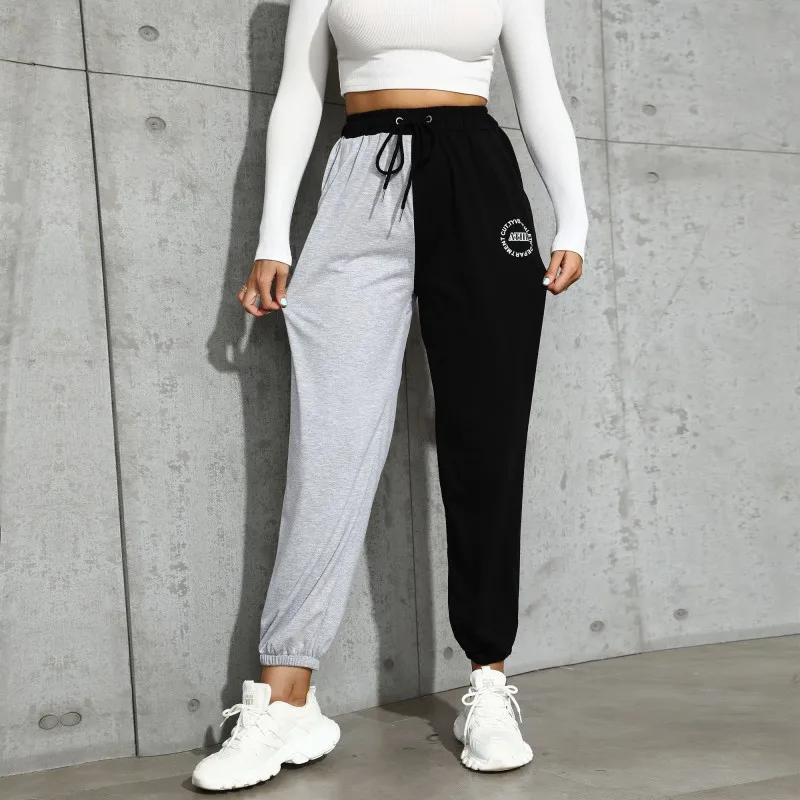

High waist contrast color sports pants women's 2021 early autumn new casual mandarin duck washed wide-leg nine-point long pants