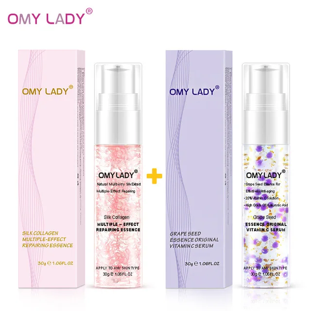 OMY LADY, экстракт виноградных косточек, витамин С, сыворотка, крем для лица, жидкая эссенция, задержка старения, уменьшение морщин, увлажняющий крем для кожи - Вес нетто: Grape  Silk Collagen