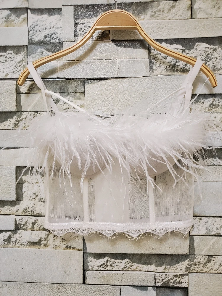 

Solid Color Mesh Lace Feather Camisole New Autumn and Winter White Vest Tube Crop Tops Women Sexy Short Bustier Camis K545