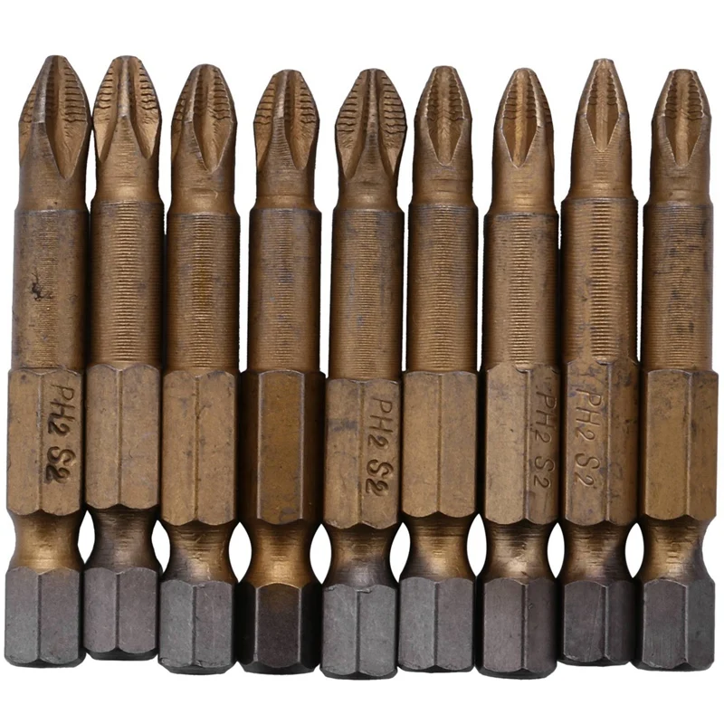

10Pcs 50Mm PH2 1/4 Inch Hex Shank Magnetic Cross Head Screwdriver Bits Titanium Coated S2 Steel Power Tools, Gold Gray