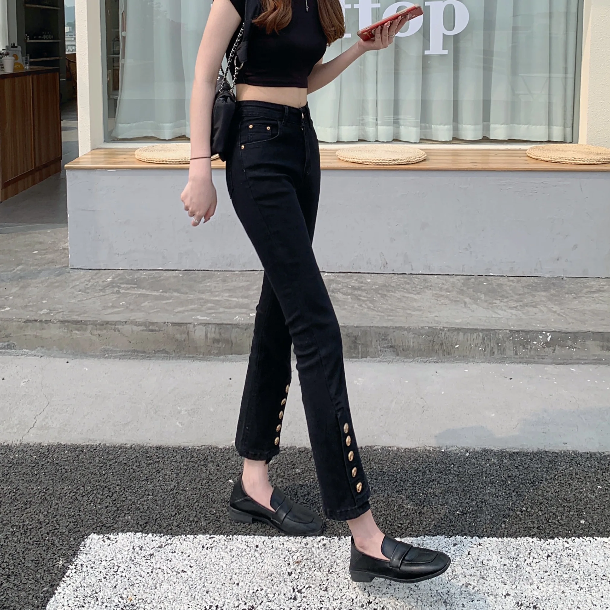 

Nine split fork jeans women 2021 new high waist large size fat MM slim slim elastic straight pants child summer