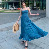 women maxi backless blue slip dress sundress summer 2021 runway elegant korean fairy casual beach vacation party long vestidos