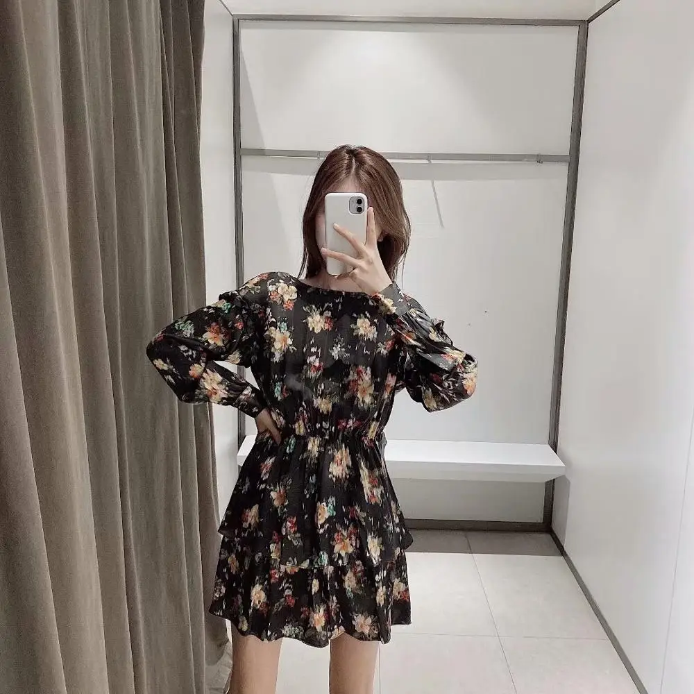 Женское повседневное мини-платье с оборками милое облегающее платье цветочным