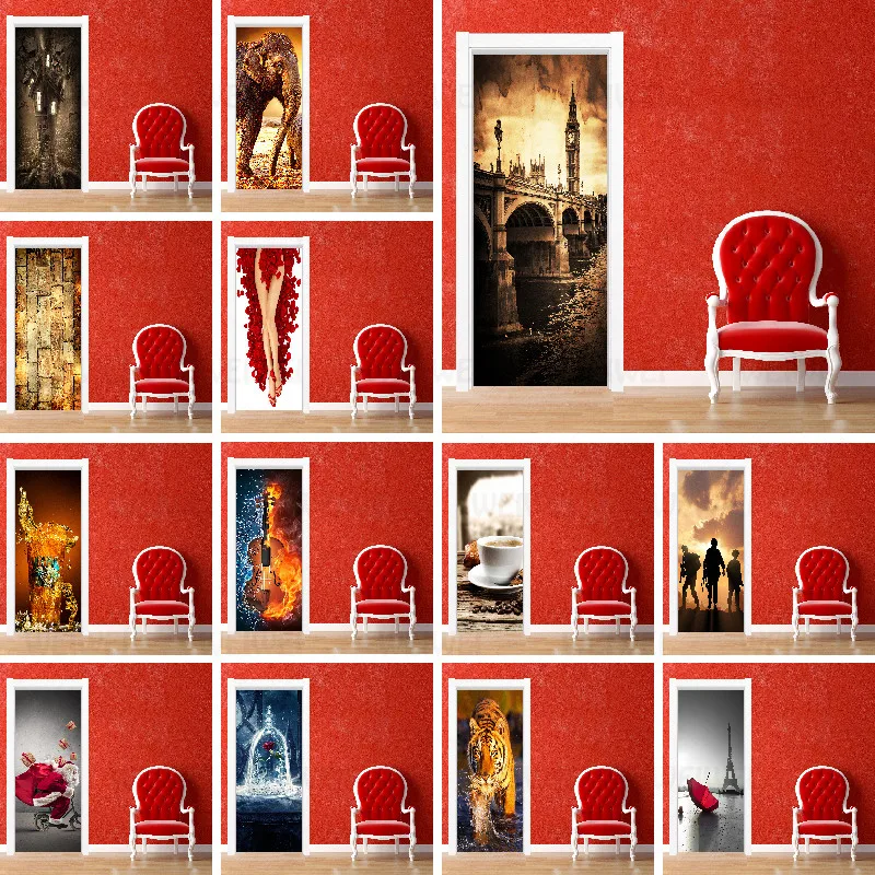 

PVC Wallpaper Self-adhesive 3D Door Sticker Tiger Horse Elephant Mural Removable Home Decor Decal DIY Deur Stick