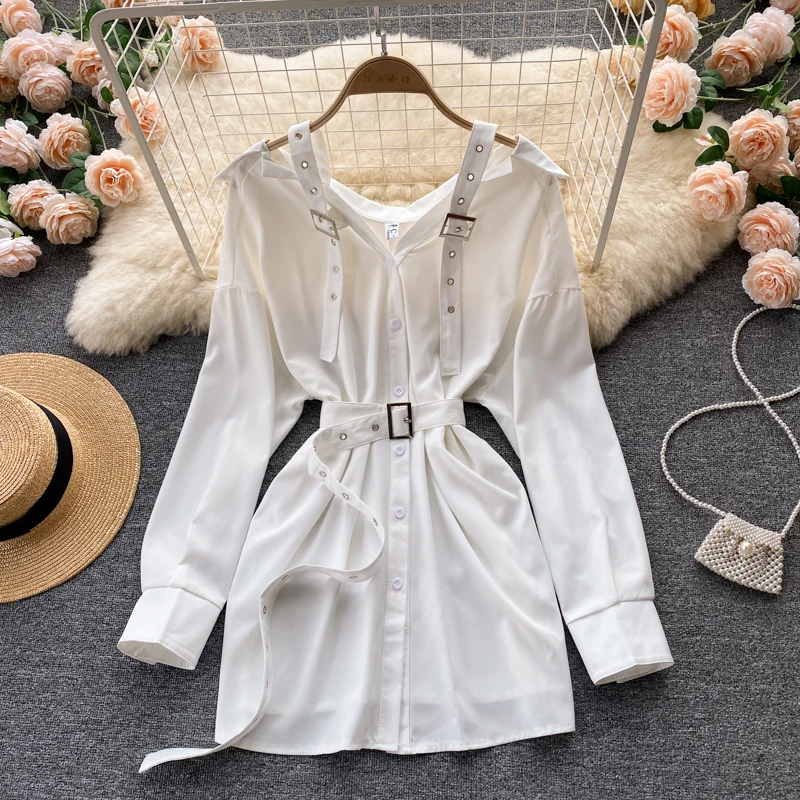 

Autumn New Mini High Waist Shirt Dress Strap White Black Elegant Office Ladies Tunic Loose Belt Short Chic Dress Women 2021 Y2K