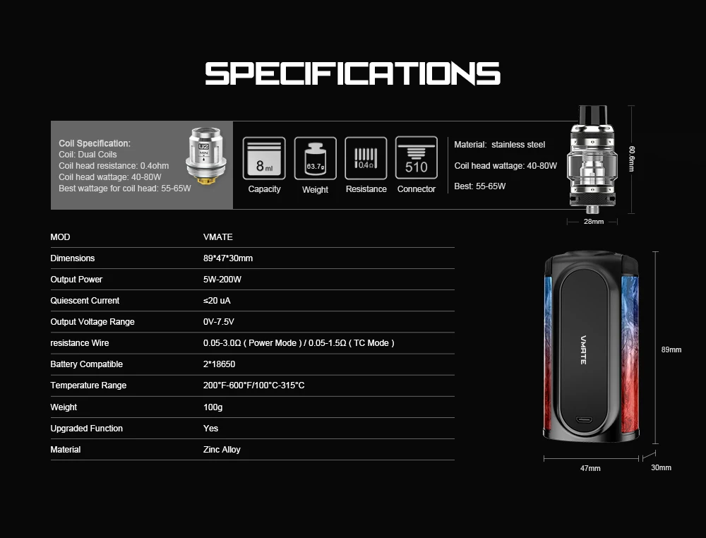 VOOPOO Vmate Vape Комплект 200 Вт мод коробка сигарета электронная вейпер моды 8 мл Uforce T1 танк распылитель без 18650 батарея электронные сигареты испаритель