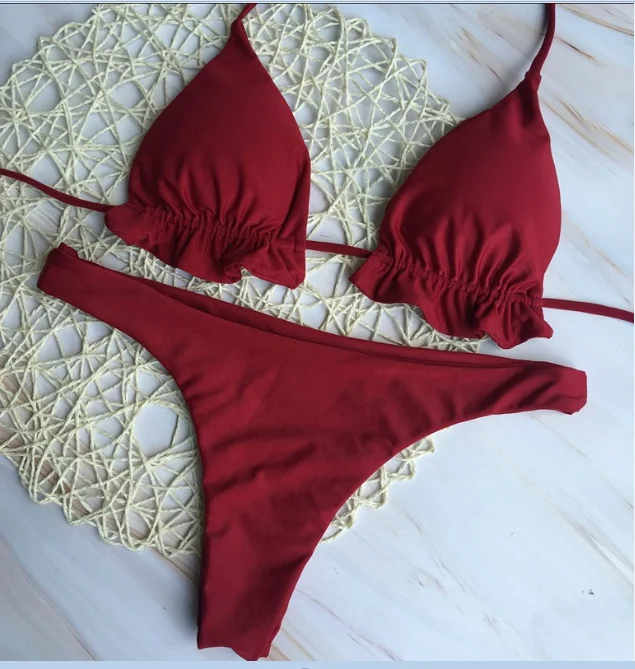 

Women Sexy Bandage Brazilian Bikini Sets Triangle Push-up Ruffle Top Solid Color Thong Bottom Suit Lace Up Swimwear