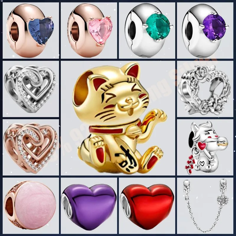 

2021 New 925 Sterling Silver Zircon Heart Gem Clips Firecracker Calf Charm Fit Original Pan Bracelets Women Gifts Jewelry