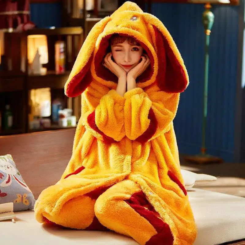 Coral Fleece Pajamas Female Winter Thickened Velvet Students Cute Facecloth Long Robe Autumn and Winter Home Wear Set Sleep Tops