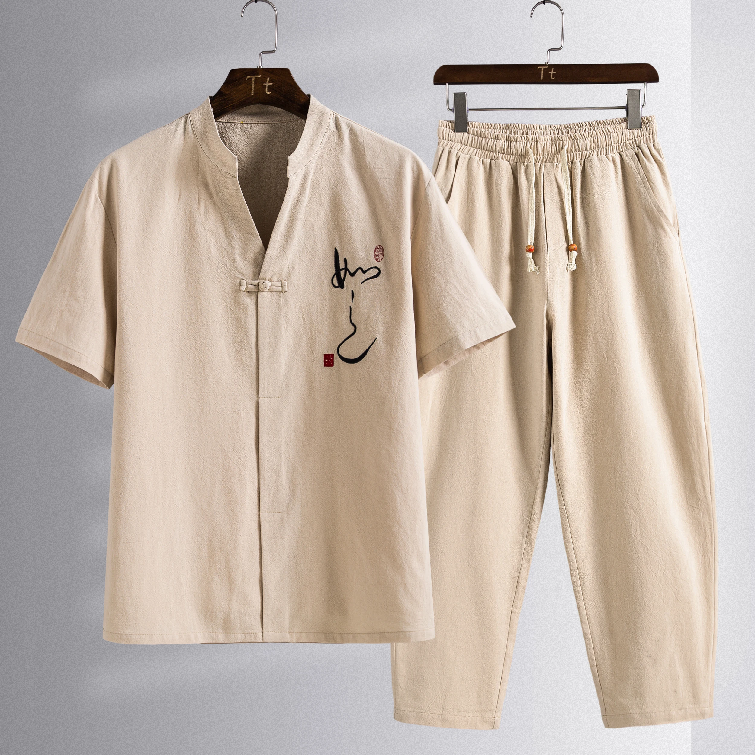 

Chinese Style Tang Suit Men Zen Tea Shirts Pants Kung Fu Uniform Tee Tops Medieval Viking Fashion Casual T-shirt Trousers 4