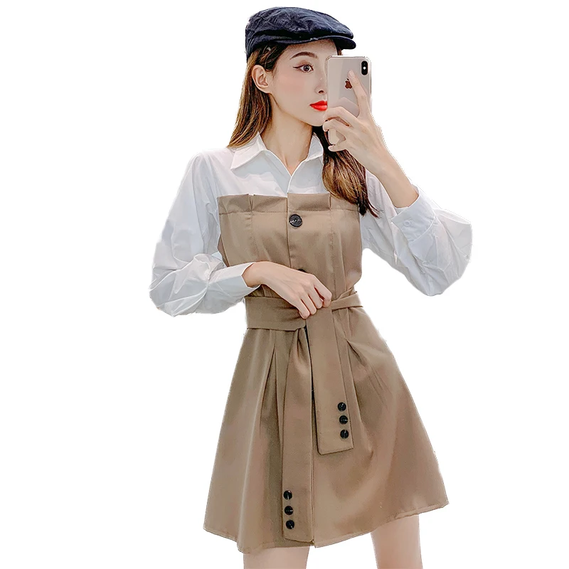 

2021spring New Korean Style Temperament Long Sleeve Tight Waist Slimming Sense of Design Small Shirt Dress Women's Clothing