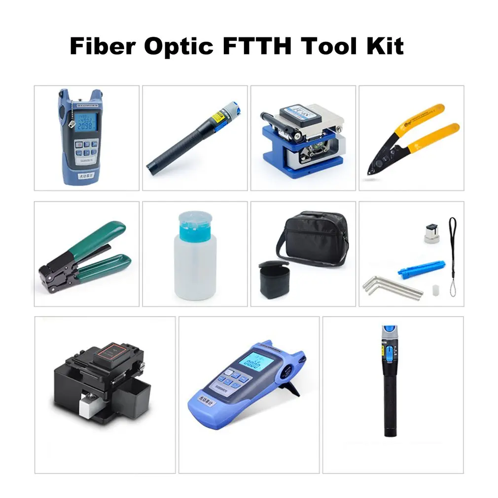 

FTTH Fiber Optic Tool Kit 11pcs/set FC-6S Fiber Cleaver -70~+3dBm Optical Power Meter 5km Laser pointe