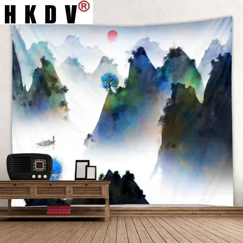 

HKDV China Mountain Landscape Tapestry Hanging Covering Rugs Background Cloth Beach Mat Blanket Art Bedroom Living Home Decor