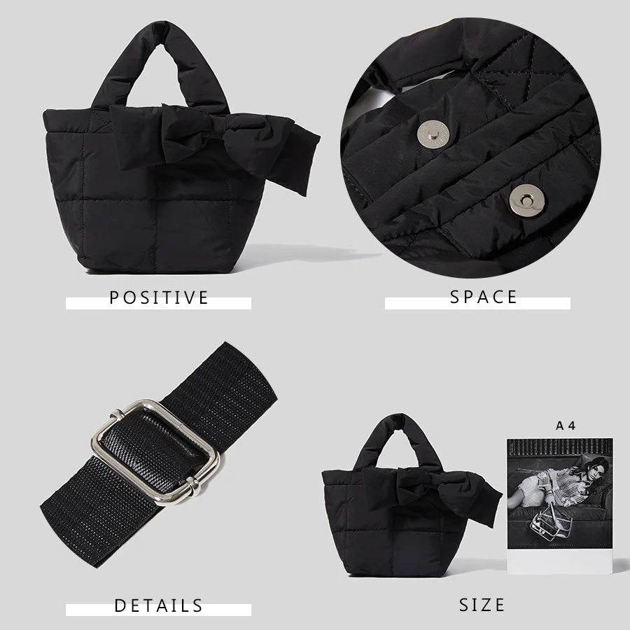 Nylon Bow Tote for Women Down Padded Shoulder Crossbody Bag Winter Handbag Women's Fashion Underarm Bags Casual Purses 2022 Ins