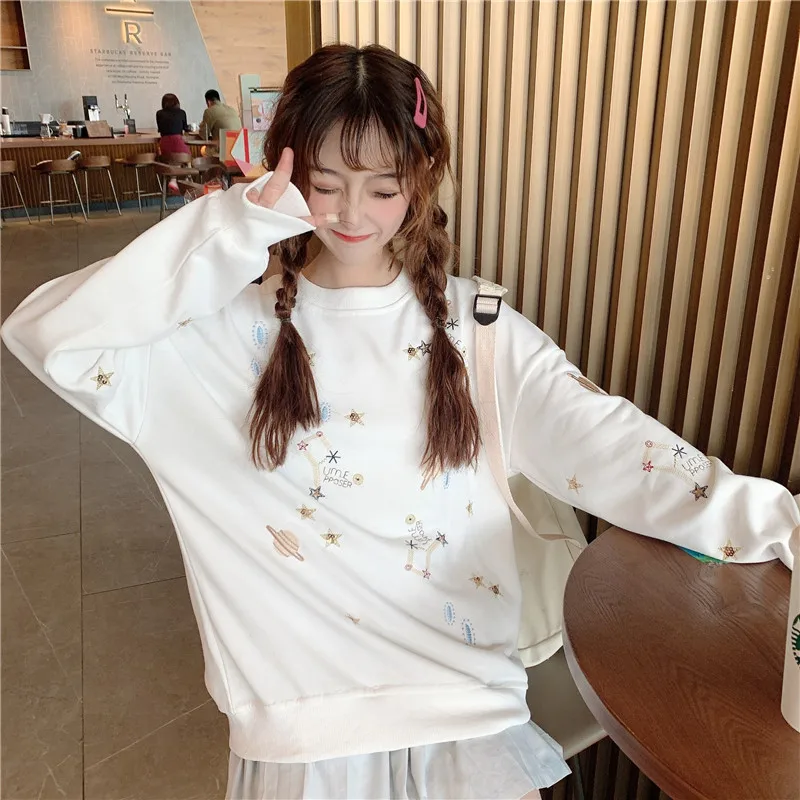

Women's Clothing Harajuku style high quality pullovers sweet full print white o-neck loose Spring and autumn Sweatshirts Trend