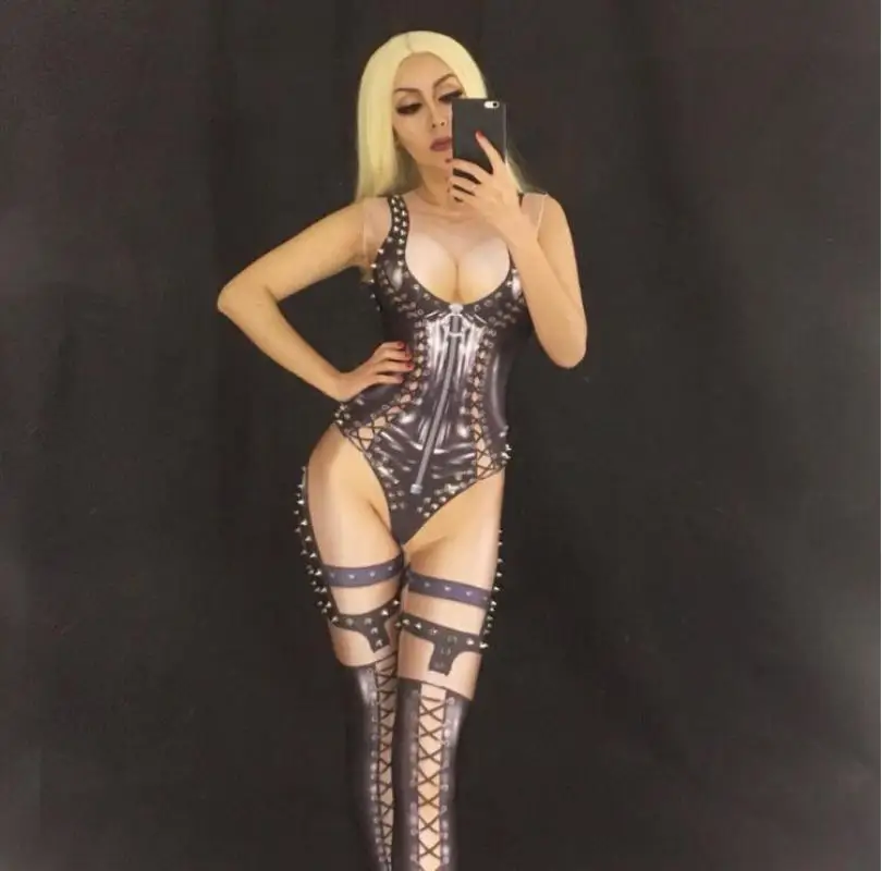 

New Jazz Dance Costumes Female Rivets Jumpsuit Bar Dj Sexy Nightclub Nude Bodysuit DS Singer Stage Show Wear Rave Clothes