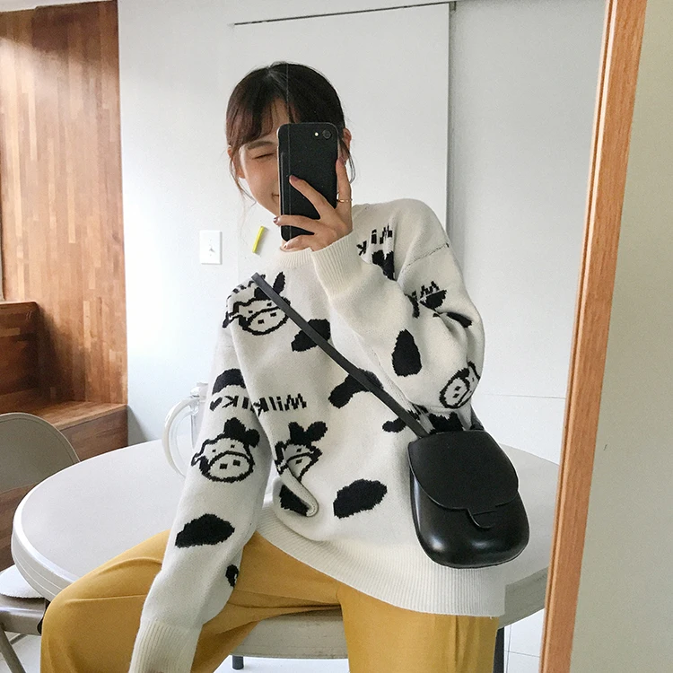 Vintage Casual Loose Cow Sweater Women's Sweaters Japanese Kawaii Ulzzang Female Korean Harajuku Clothing For Women | Женская одежда