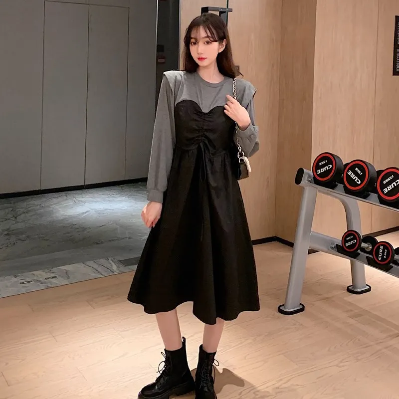 

Fashion Women Long Sleeve Dress Fake Two Pieces Pleated Irregular Loose Black Dress Female Patchwork Dresses Fall Vestidos