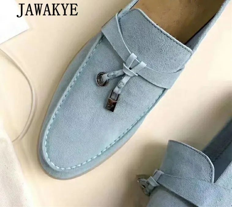 light blue Лидер продаж; женские замшевые туфли на плоской подошве; удобная повседневная обувь из натуральной кожи; женские лоферы без застежки с металлическим украшением; женская обувь разных цветов - Цвет: light blue