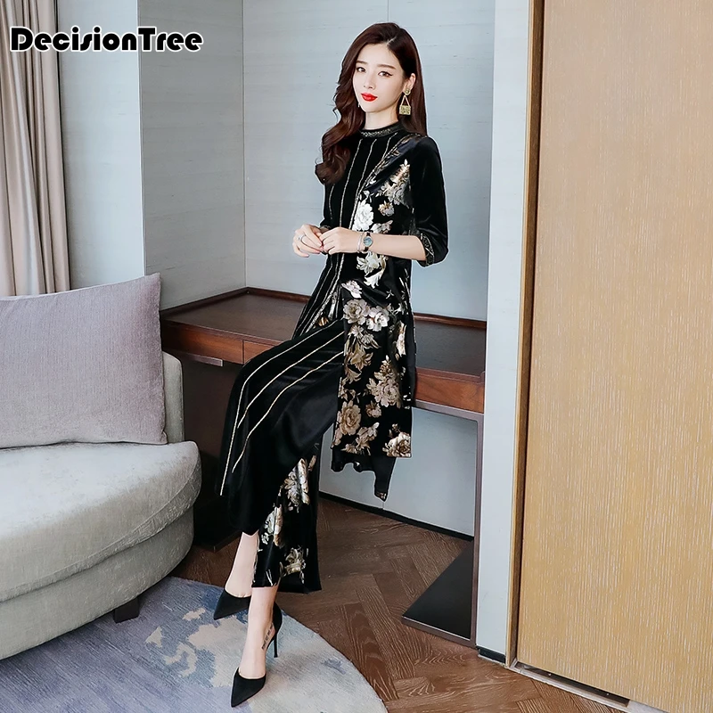 Высокое качество aodai вьетнамский стиль cheongsam платье китайское платье qipao топ+ брюки набор Женская традиционная одежда цветочный ao dai