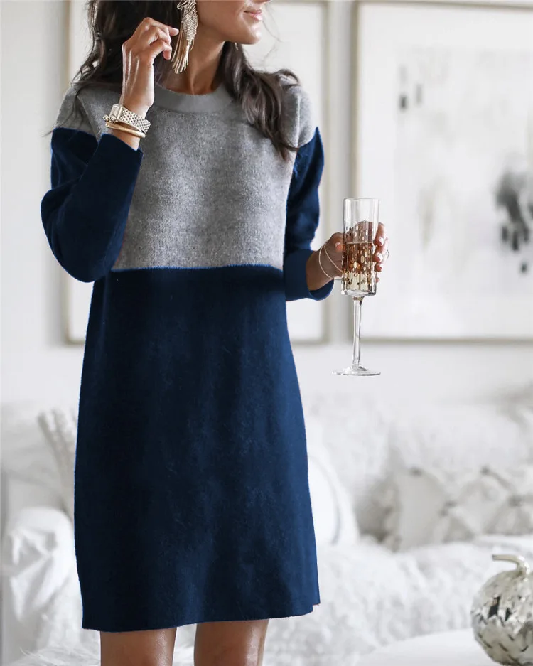 

New Women Casual O-Neck Loose Patchwork Pullover Sweater Dress Fashion Elegant Female Autumn Winter Knit Dress Vestidos