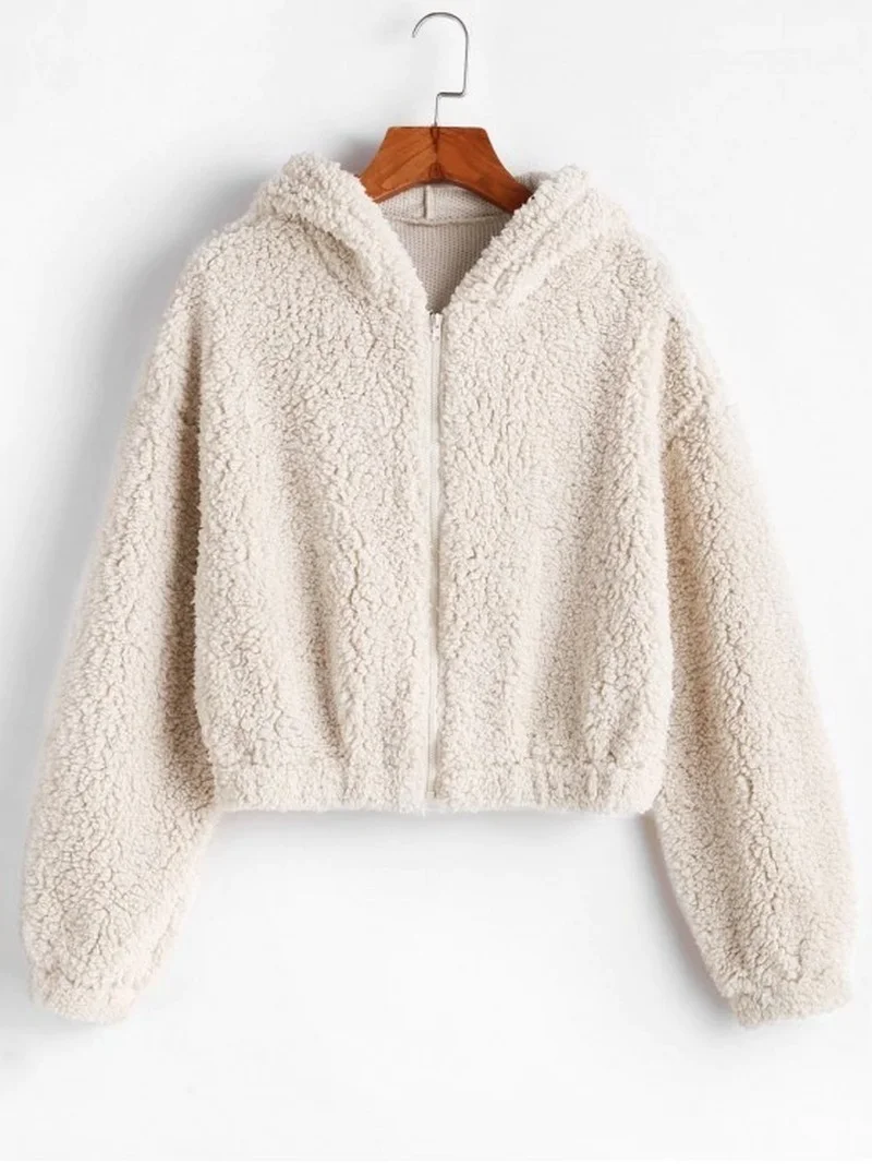 

Nowsaa Jacket Women Pure Color Loose Long Sleeve Plush Korean Coats Spring Zipper Placket Hooded Streetwear Autumn Warm Tops