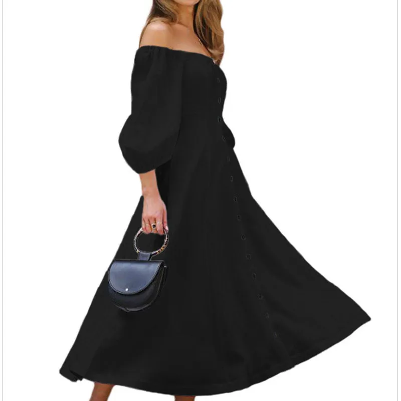 

Summer 2020 Elegant Women Loose Maxi Dress Fashion Casual Slash Neck Lantern Sleeves Dress