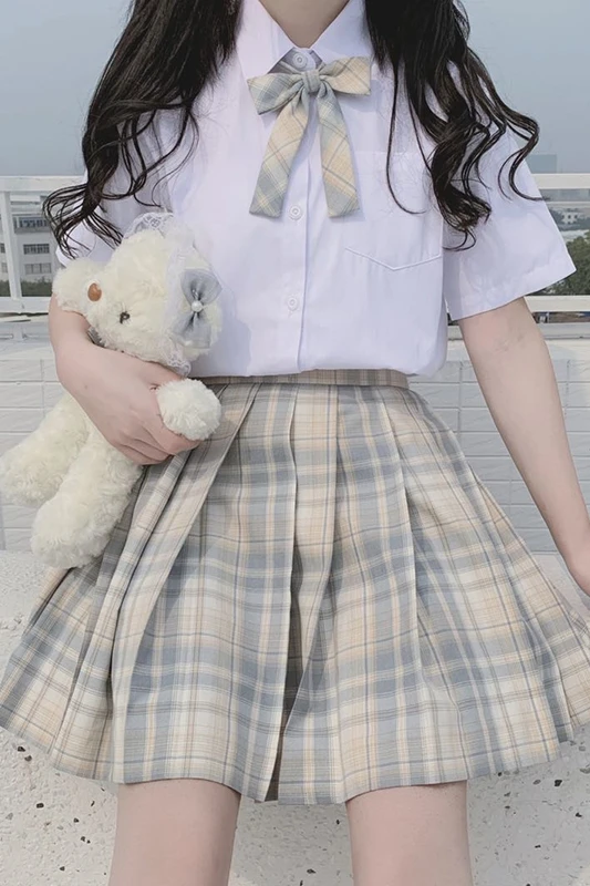 

Japanese Bow Tie College Wind Short Sleeve Students White Shirt + High-Waisted Vintage Plaid Pleated Skirt Suit Female Summer