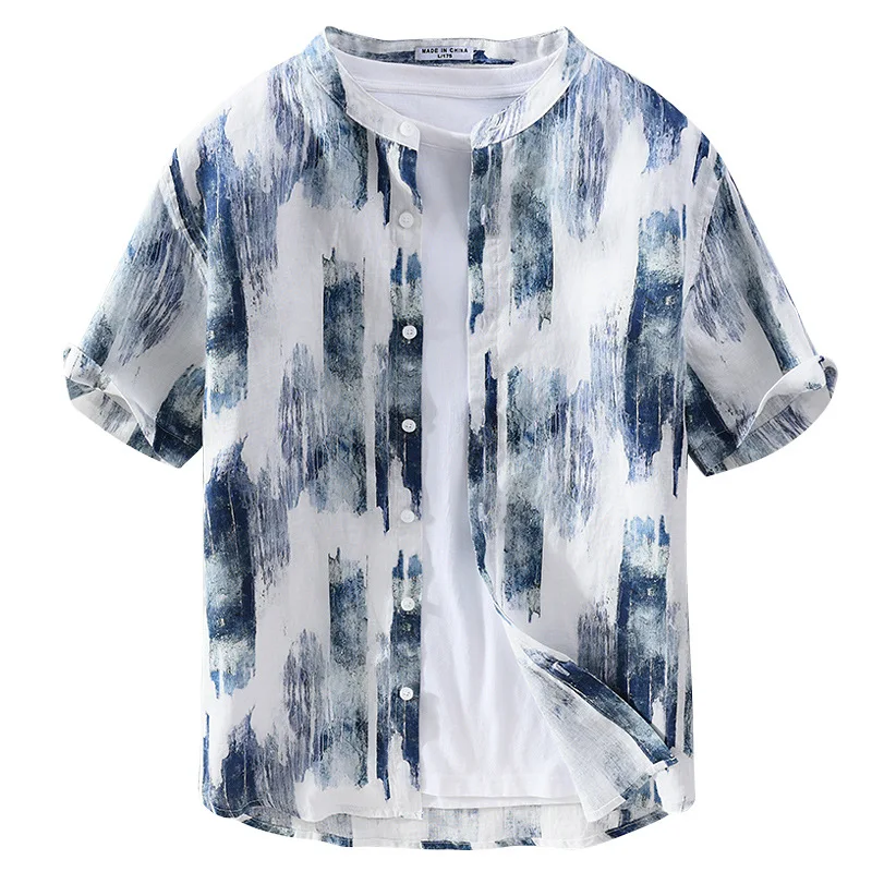 

2021 Men's Spring and Summer New Linen Short-Sleeved Shirt Casual Chinese Printed Stand Collar Youth Linen Shirt
