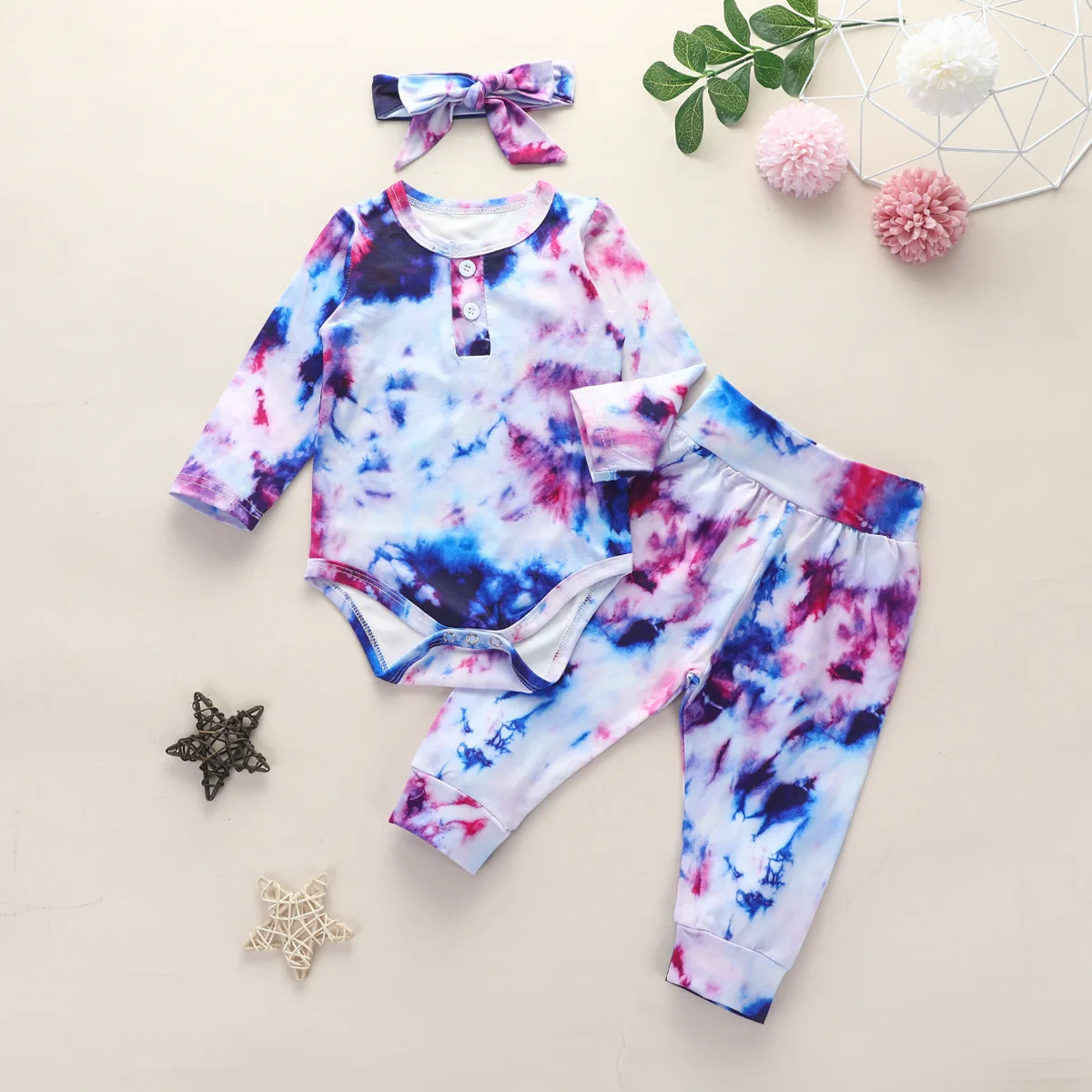 

1-3Y Baby Clothing Sets Autumn New Baby Boys Girls Tie Dye Outfit Long Sleeve Infant Bodysuits + Pants Trousers Hairband 3pcs