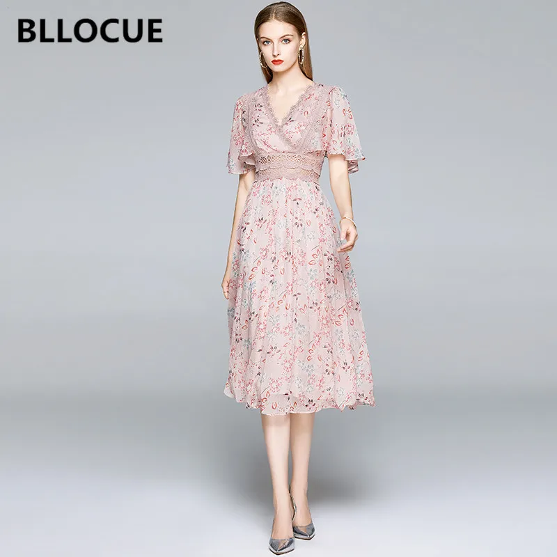 

Женское кружевное платье-трапеция BLLOCUE, розовое платье с цветочным принтом, высокой талией и V-образным вырезом, с рукавом-бабочкой, лето 2020