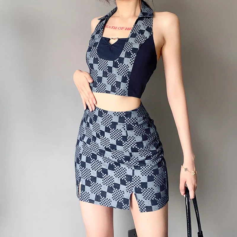 

ZTONE Grid Print 2 Piece Set Activity Clother Female Vintage Street Full Crop Top Y2K Shorts Set Sport Slim Set Lady's Dress