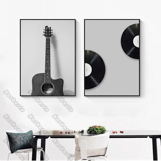 

Retro and Nostalgic Style Canvas Painting Poster Vintage Gray Old Pictures Records Disk Disc Guitar for Home Rooms Wall Decorat
