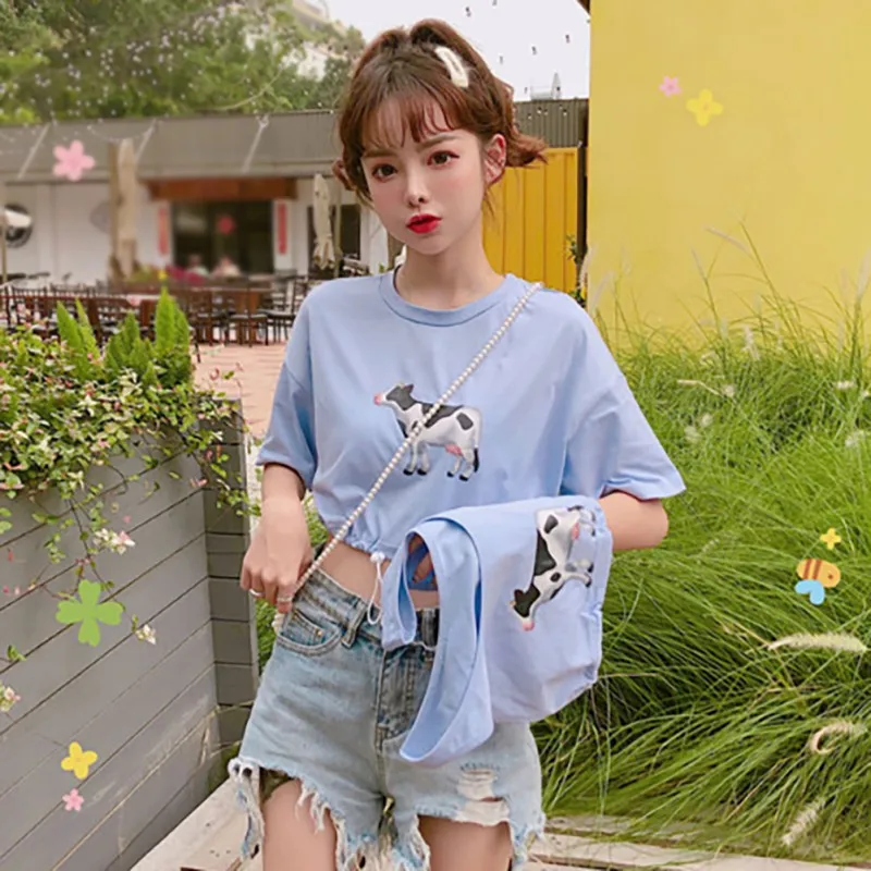 2019 Summer Women's Casual Elegant Fashion Style Round Neck Cartoon Cow Print Short Sleeve Drawstring Pullover Crop Top T-Shirt | Женская