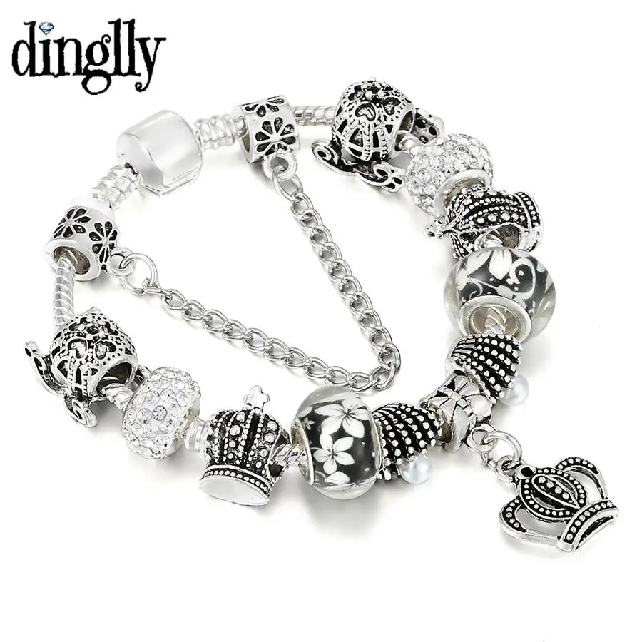 

Dinglly Retro Crown Charm Bracelets For Women Original Pumpkin Wagon Flower Bead Bracelet Silver Color Bangle Fashion Jewelry