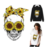 fashion punk sunflower skull thermal patches sticker print on women t shirt iron on patches for clothes transfert thermocollants