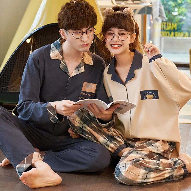 Winter Warm Couple Pajama Set Cotton Loose Cardigan Pyjamas Women Men Long Sleeve Homewear Cute Clouds Pattern Lovers Pajama Set