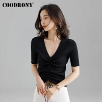 coodrony brand elegant fashion streetwear female summer knitted sexy top business casual womens soft slim v neck t shirt w5012s