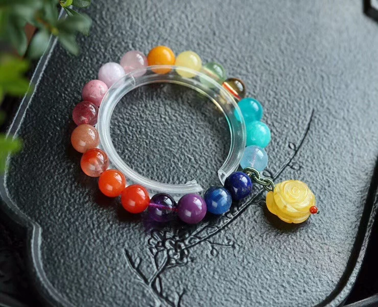 Браслет из разноцветных камней натуральный Радужный Амазонит лазурит янтарь