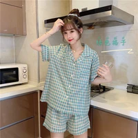 sweet pajama women nightwear grid printed summer short sleeve sleepwear trendy leisure korean style shorts homewear suit