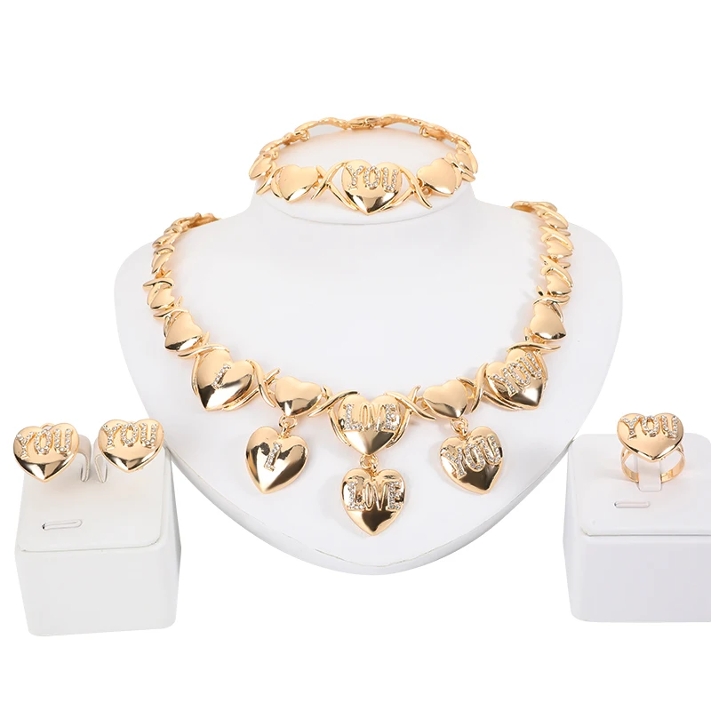 

Dubai gold Jewelry sets for women African bridal Wedding gifts party heart Necklace earrings ring bracelet jewellery set