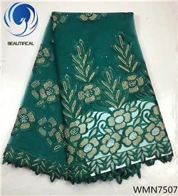 WMN7507 Красивые нигерийские французские кружевные ткани синего цвета высокого качества, кружевная ткань из полиэстера с бисером, последние 5 ярдов для свадьбы WMN75 - Цвет: WMN7507
